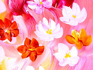 Abstract pink and red flowers, original hand drawn, impressionism style, color texture, brush strokes of paint, art background.