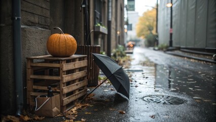 Pumpkin resting on wooden crate beside black umbrella in rainy alley  