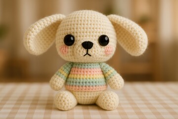 large-eared crochet puppy sitting on a checked fabric