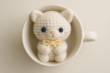 crochet kitten doll nestled in a small teacup