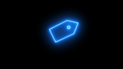 Glowing neon line price tag icon on black background.