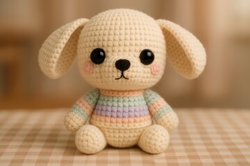 large-eared crochet puppy sitting on a checked fabric