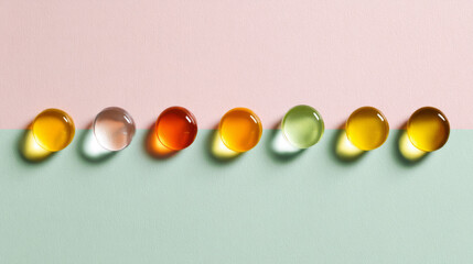 Minimalist design with clear candy drops aligned on pastel background