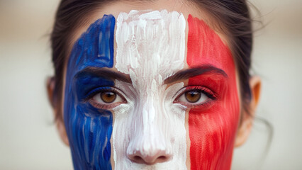 Visage d'une femme avec le drapeau Français peint sur le visage