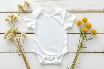 White Baby Onesie Flat Lay with Flowers on Wooden Background