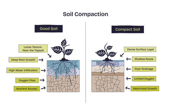Soil compaction is shown by comparing good soil with deep root growth and compact soil with shallow roots and poor drainage. Doodle style diagram