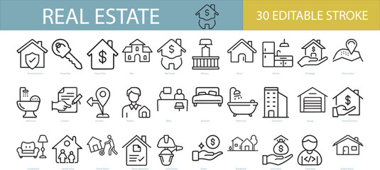 Real estate line icons, such as house, kitchen, bedroom, bathroom and more. Editable stroke