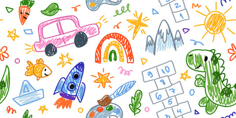 Cute crayon kids seamless pattern. Hand drawn doodle children drawings. Cute kids background for your design, diploma, certificate. Vector cartoon elements on paper bg