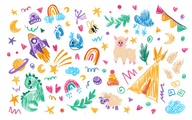 Cute crayon kids illustration. Hand drawn doodle children drawings. Cute kids background for your design, diploma, certificate. Vector cartoon elements on paper bg