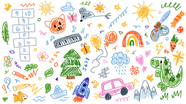 Cute crayon kids illustration. Hand drawn doodle children drawings. Cute kids background for your design, diploma, certificate. Vector cartoon elements on paper bg
