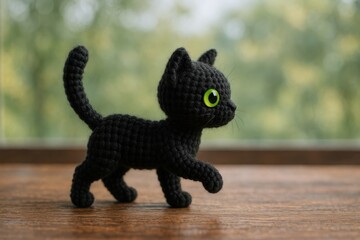 crochet kitten with black yarn fur and bright green button eyes