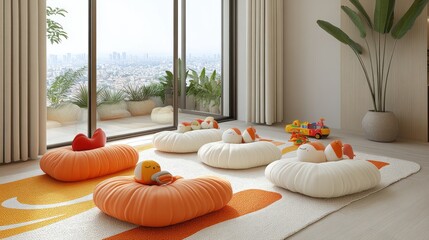 Playroom with cushioned seating, city view