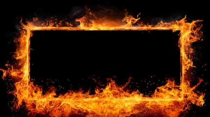 Rectangular frame made of burning flames and fire isolated on black background. Generative Ai