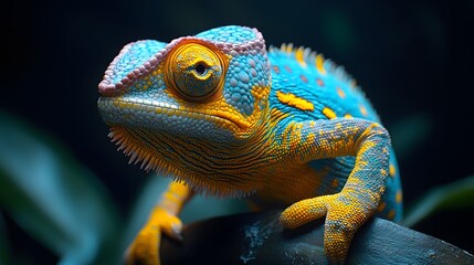 Fototapeta premium Bright chameleon wearing sunglasses stands confidently on vibrant solid background.