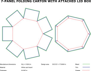 Seven panel folding carton with attached lid box template die-cut design
