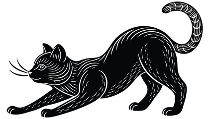 Obraz premium Stylized black cat stretching vector illustration with ornamental details and white background