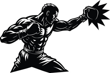 Vector illustration of a muscular boxer delivering a knockout punch in black and white