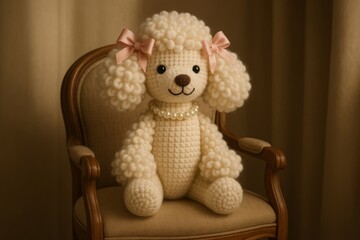 crochet poodle with puffy yarn fur sitting in a small chair