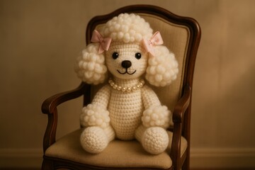 crochet poodle with puffy yarn fur sitting in a small chair