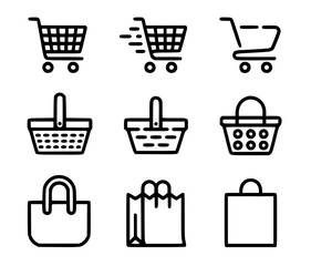 Shopping cart and basket icons set in clean outline style