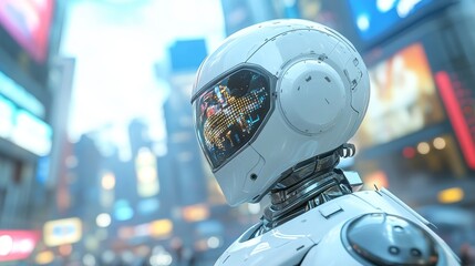 Futuristic Robot in Urban Digital Cityscape
