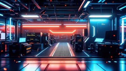 Futuristic Server Room with Neon Lights and Advanced Computer Systems Display