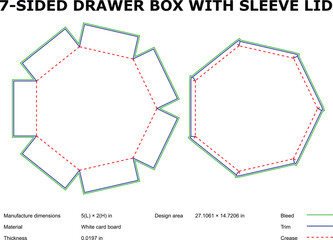 Seven sided drawer box with sleeve lid die cut template