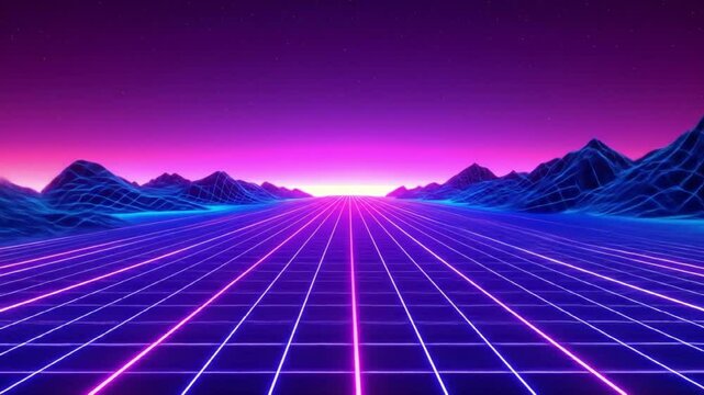 Retro futuristic landscape animation with neon grid and mountain range scene - Powered by Adobe