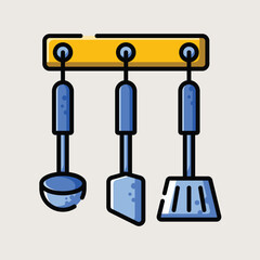  Hanging Set of Kitchen Utensils Including Spoon, Turner, and Spatula in Flat Vector Design