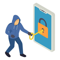 intruder trying to open the door isometric Concept, hacker using anonymous hash keys vector icon design, White Collar Crime symbol, Computer crime Sign, security breakers stock illustration