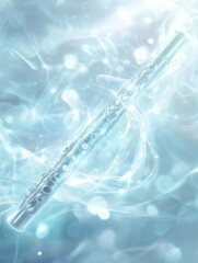 Luminous silver flute floating in a dreamy blue space, surrounded by radiant light swirls and transparent glowing music notes.
