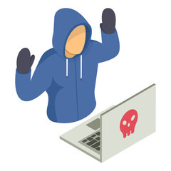 Spam and cybercrime isometric Concept, Skull and crossbones on a laptop screen vector icon design, White Collar Crime symbol, Computer crime Sign, security breakers stock illustration