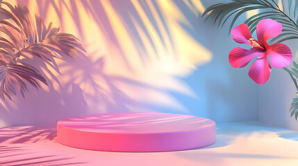 Tropical beauty product presentation stage with pink podium and natural light