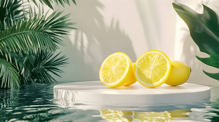 Tropical citrus display: Vibrant lemons on a floating platform in a serene setting