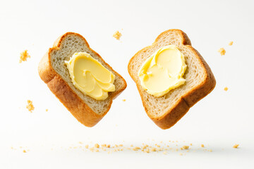 Two slices of buttered bread floating with crumbs on a clean white background for food advertising and breakfast promotion concepts.