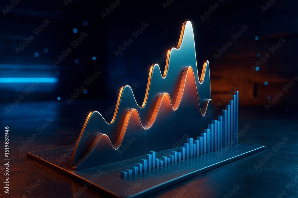 Poster Abstract financial growth chart with glowing lines and bar graph on dark background illustrating market data, economic trends, and investment progress.