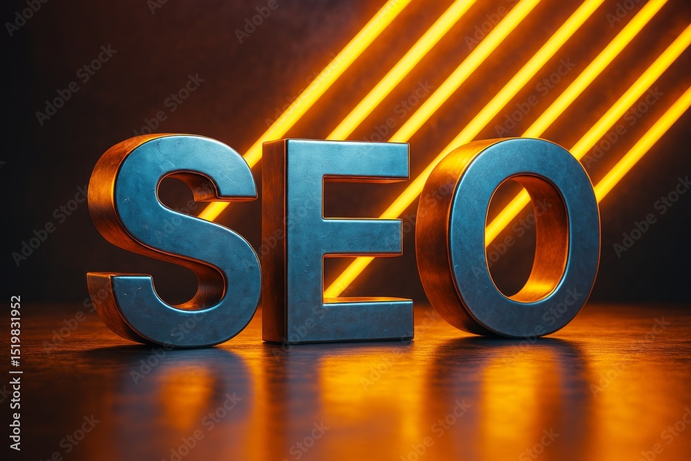 Poster Bold metallic SEO letters on glossy surface with glowing diagonal orange light background in a creative digital marketing concept scene.