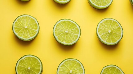 Sliced limes arranged in a pattern on a yellow background.