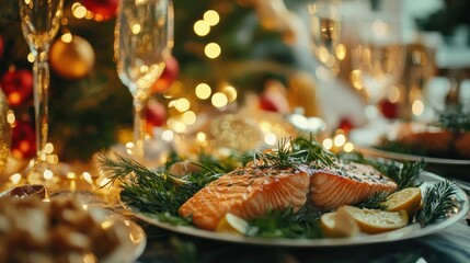 Festive Christmas salmon dinner with champagne.