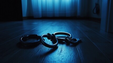 Metal rings and carabiners lie on dark wood floor.