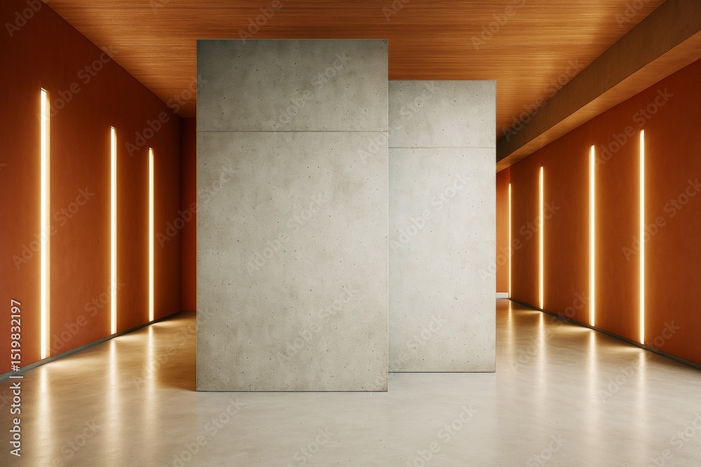 Poster modern gallery interior with blank concrete panels and vertical backlit walls in warm minimalistic r