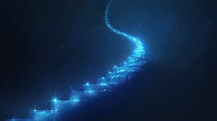 Glowing blue spiral trail of light in dark space.