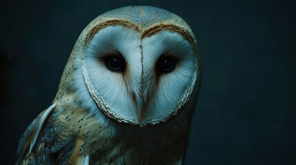 Close-up portrait of a barn owl, its face sharply in focus against a dark background.