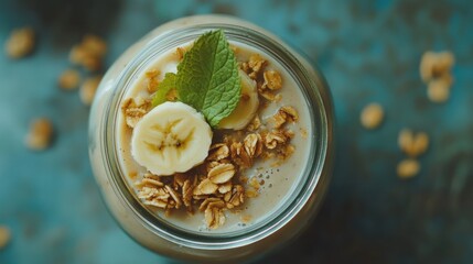 Creamy banana smoothie topped with granola and mint in a glass jar.