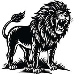 Obraz premium Roaring lion illustration fierce wildcat with mane outline black and white