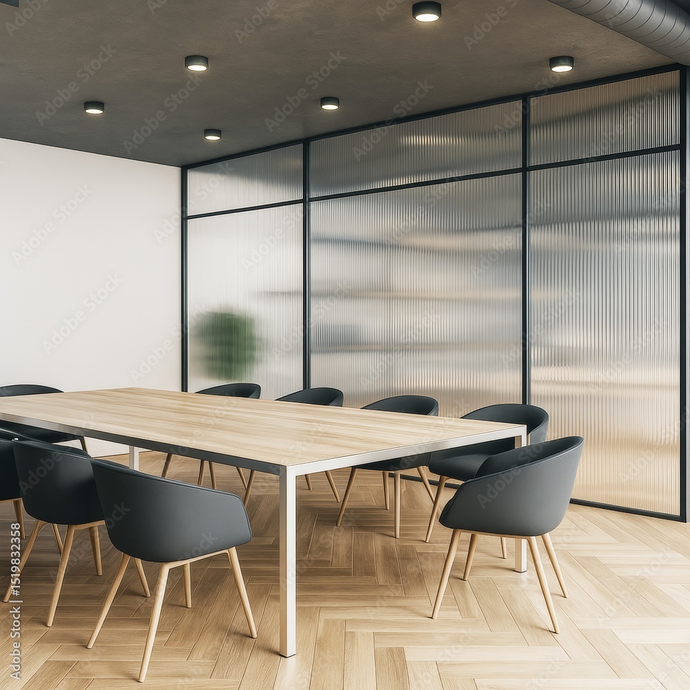 Poster modern empty conference room with wooden table and black chairs in office interior with glass partit