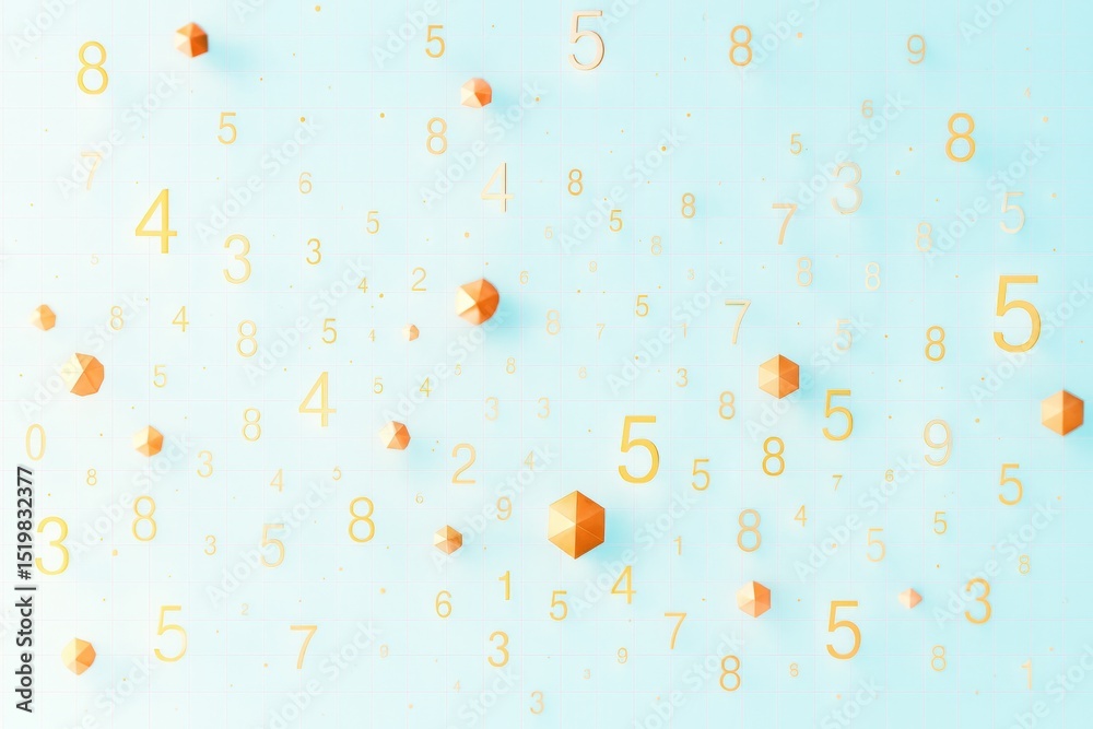 Poster Floating golden numbers and orange geometric shapes on a light blue background in a creative digital layout concept of data and abstraction.