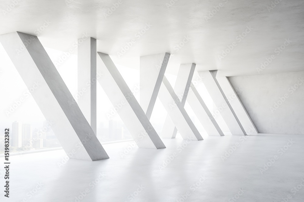Aufkleber Bright modern interior with large diagonal columns and panoramic city view in minimal white architecture concept background with natural light.