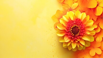 Vibrant orange and yellow dahlia flower with smaller blossoms on yellow background.