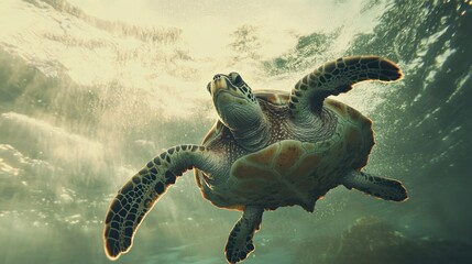 Underwater sea turtle swimming towards sunlight.
